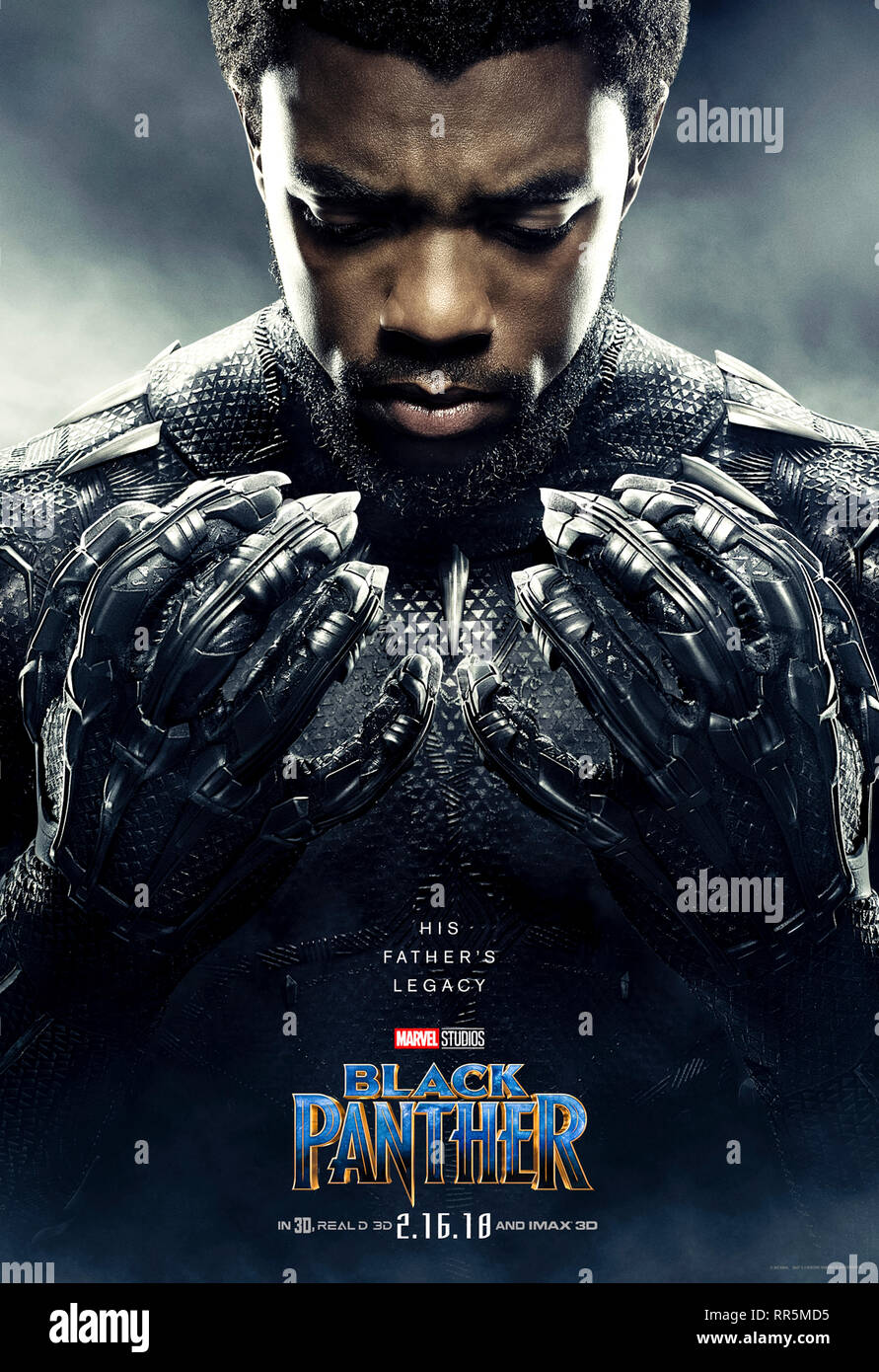 Black Panther (2018) directed by Ryan Coogler and starring Chadwick Boseman, Michael B. Jordan and Lupita Nyong'o. T'Challa uses the powers of vibranium to prevent them being misused; long live the King! Stock Photo