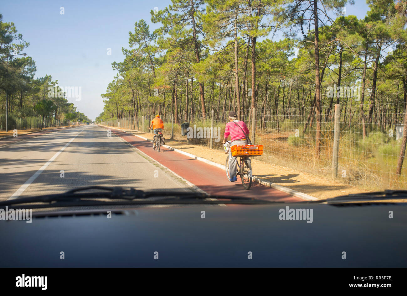 Driving carefully with senior cyclists on bike lane at country road. View from the inside of the car Stock Photo