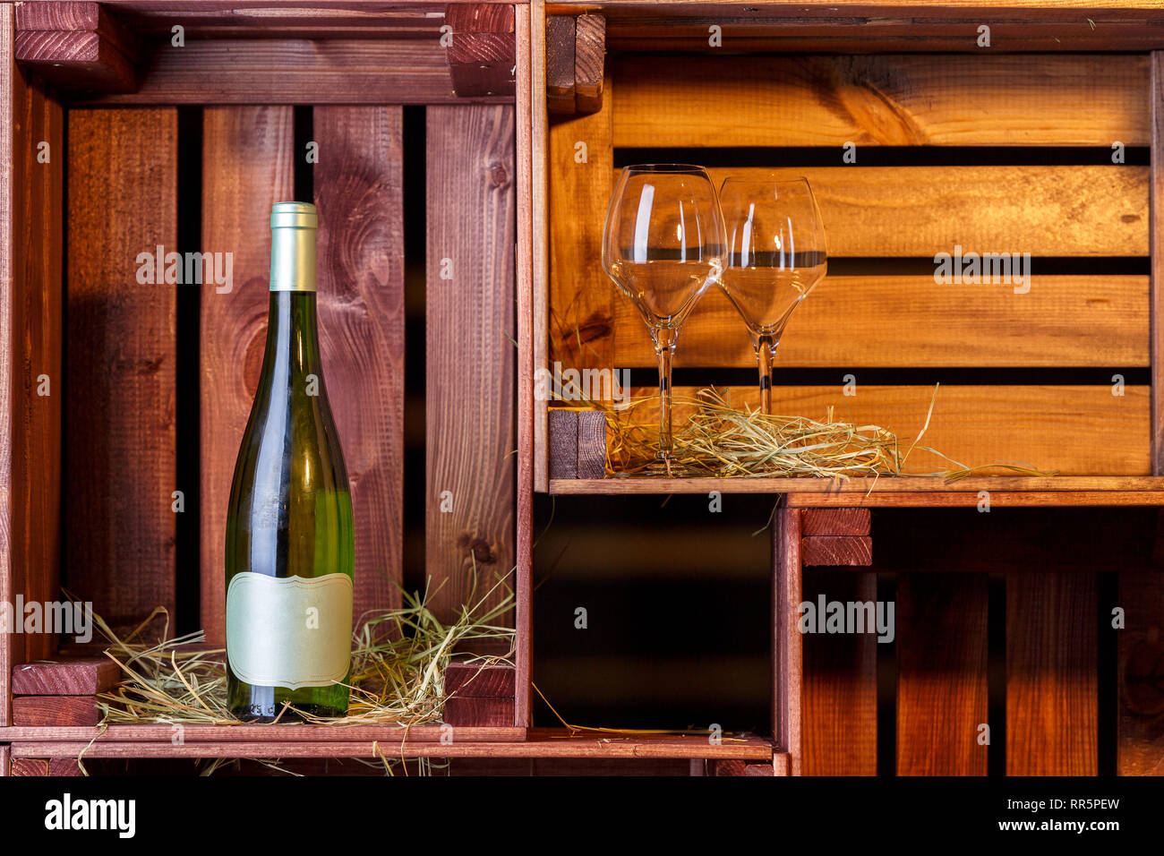 Download Photo Of Green Bottle Two Wine Glasses In Several Wooden Boxes Stock Photo Alamy Yellowimages Mockups