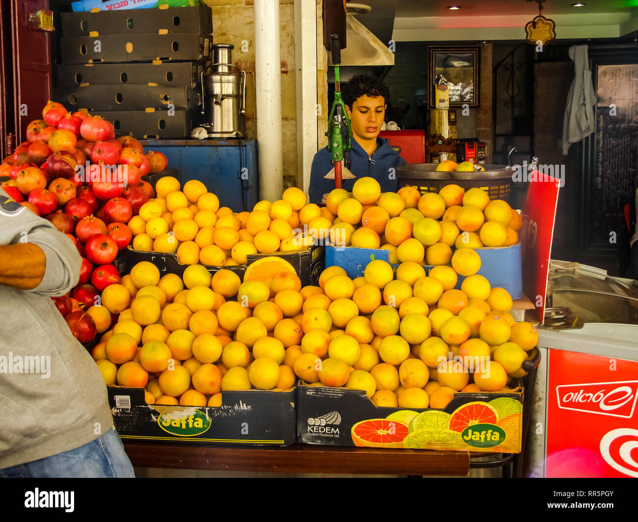 Jerusalem, Israel - May 23, 2013: City of Jerusalem, Jerusalem Market food and rag shops Stock Photo