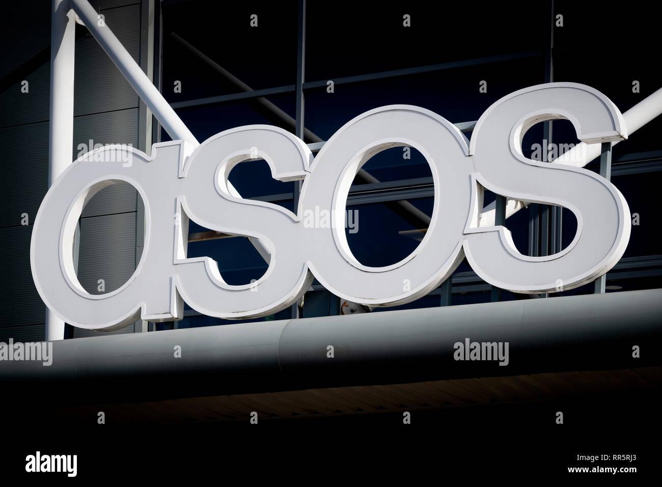 The signage of Asos above the company’s distribution warehouse in the outskirts of Barnsley, UK (Editorial use only) Stock Photo