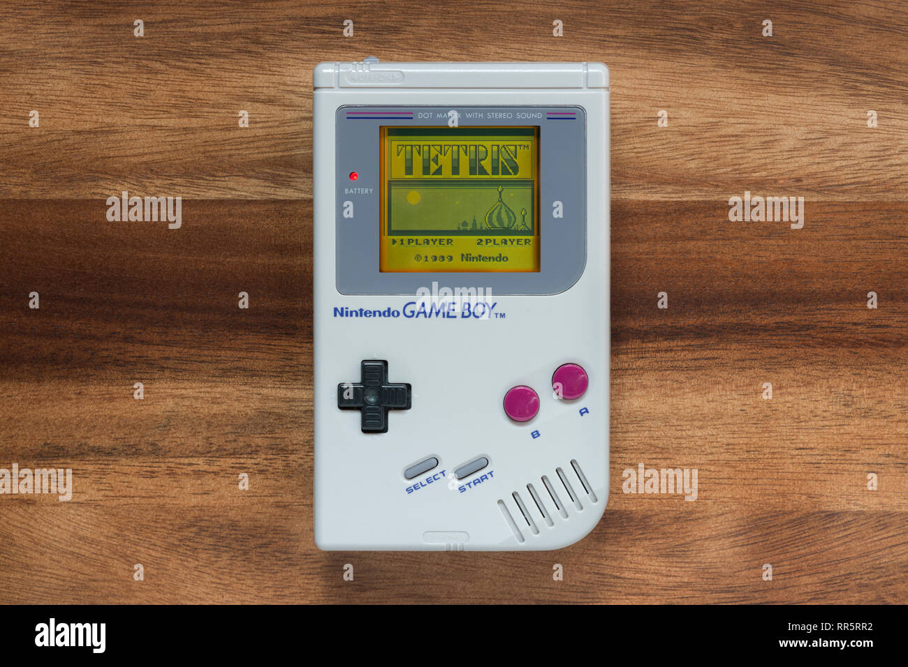 The introductory screen of the game Tetris as seen on a 1989 Nintendo Game Boy (Editorial use only). Stock Photo