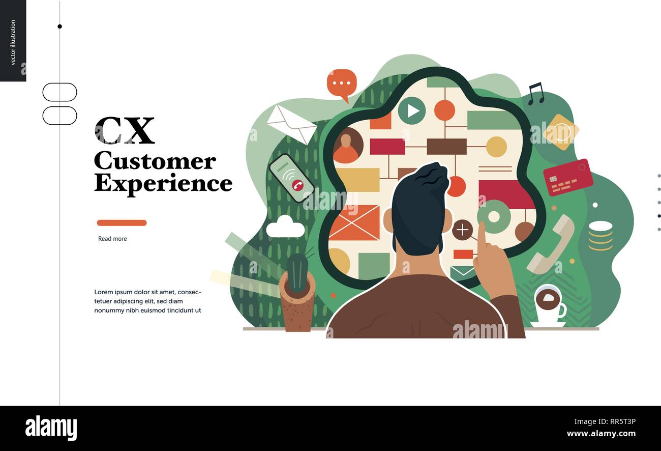 Technology 2-CX customer experience - modern flat vector concept digital illustration of user or customer experience, a user in front of interface. Cr Stock Vector