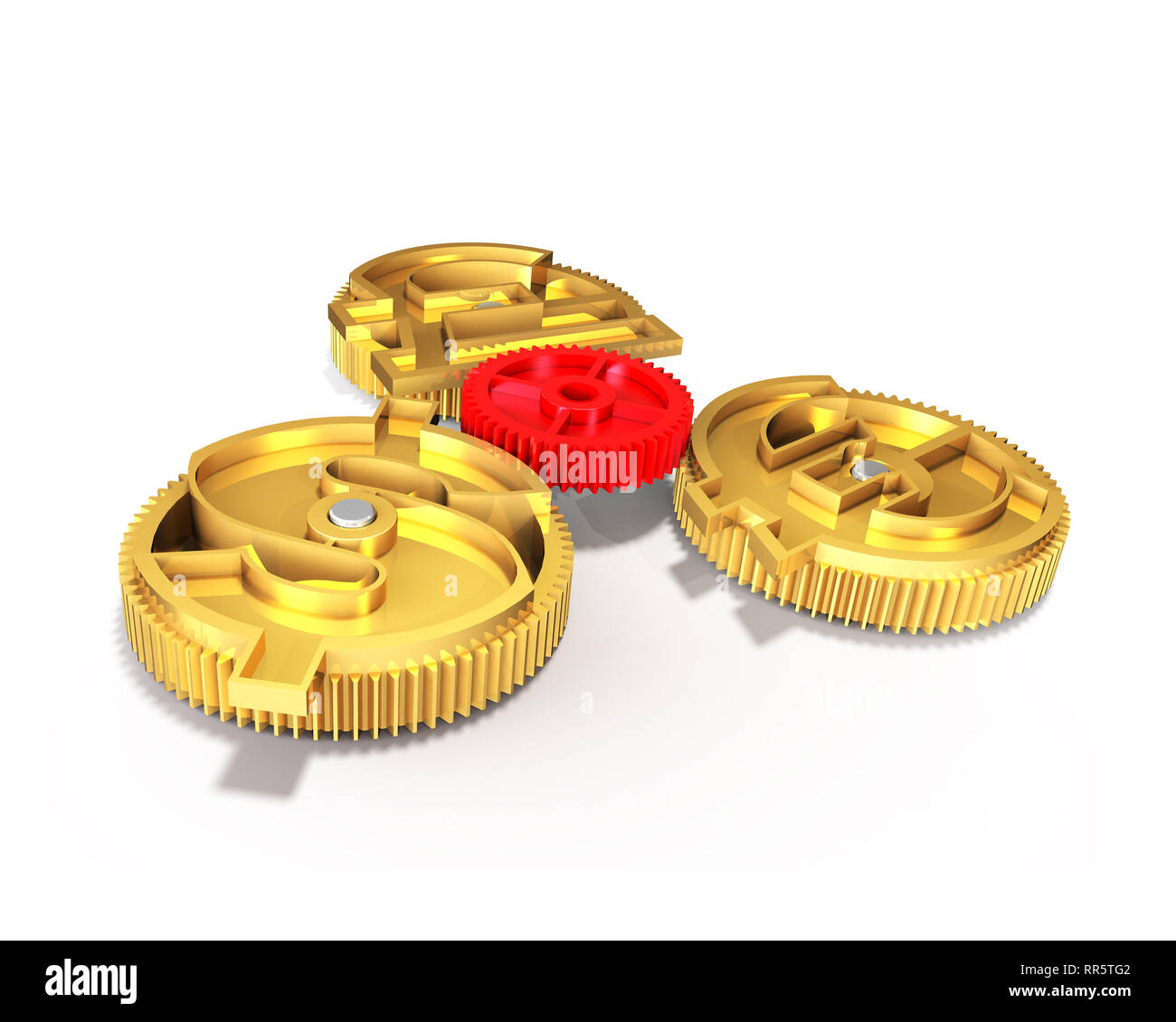Gears with gold dollar sign, pound and euro symbol, isolated on white ...