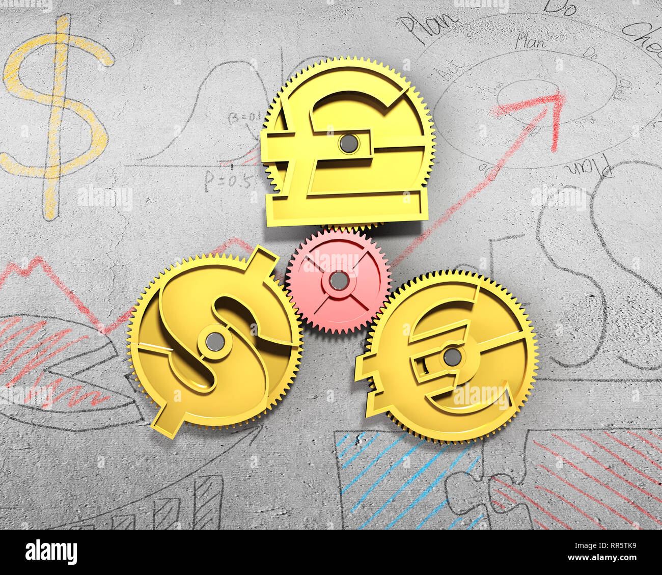 Gears with golden dollar sign, pound and euro symbol, on doodles wall ...