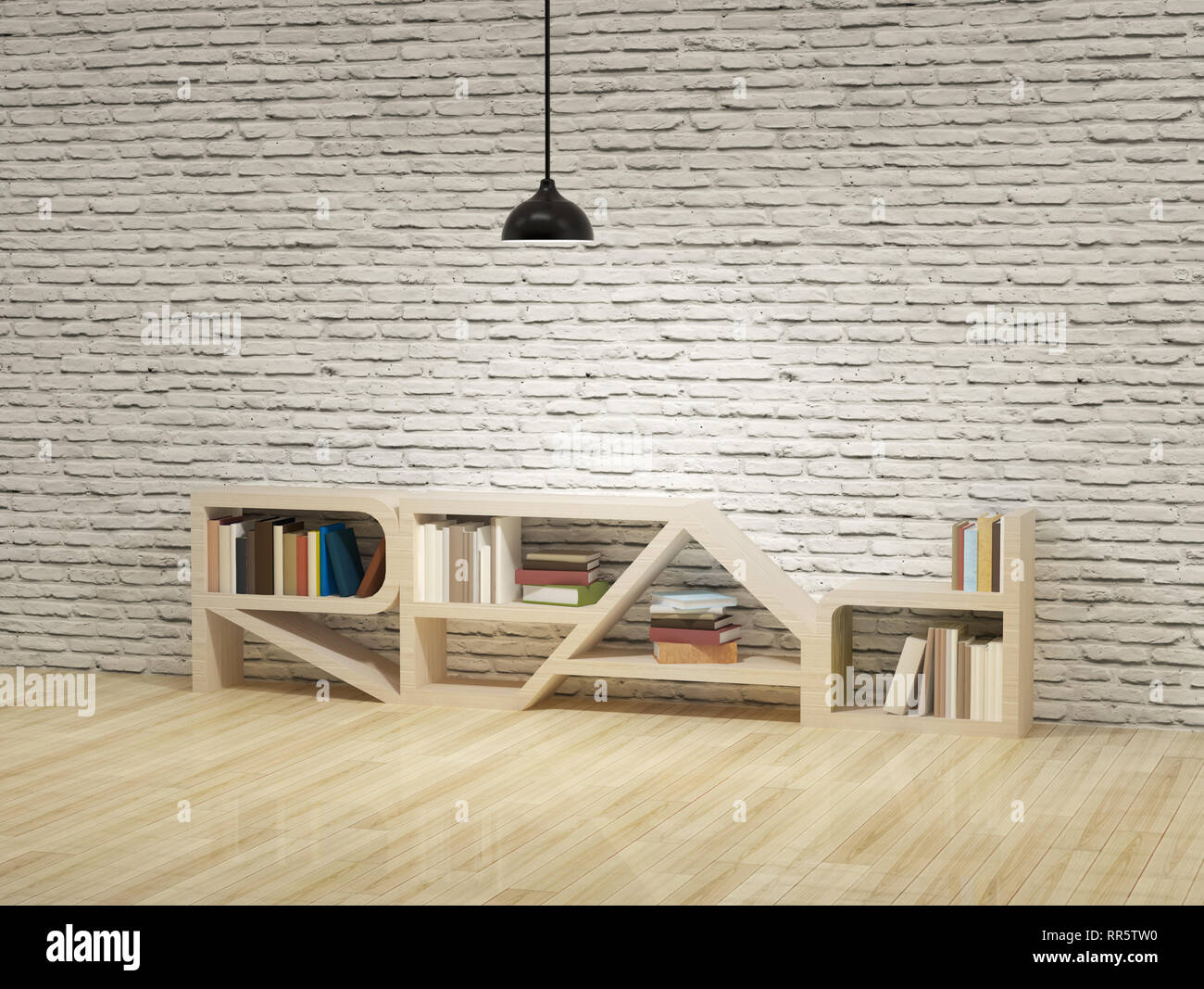 Ceiling lamp with READ word bookcase on wooden floor and white bricks wall Stock Photo Alamy