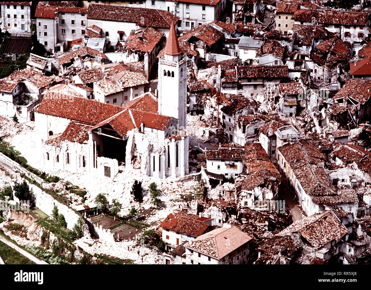 1976 - An aerial view of damage caused by a severe earthquake in Italy Stock Photo