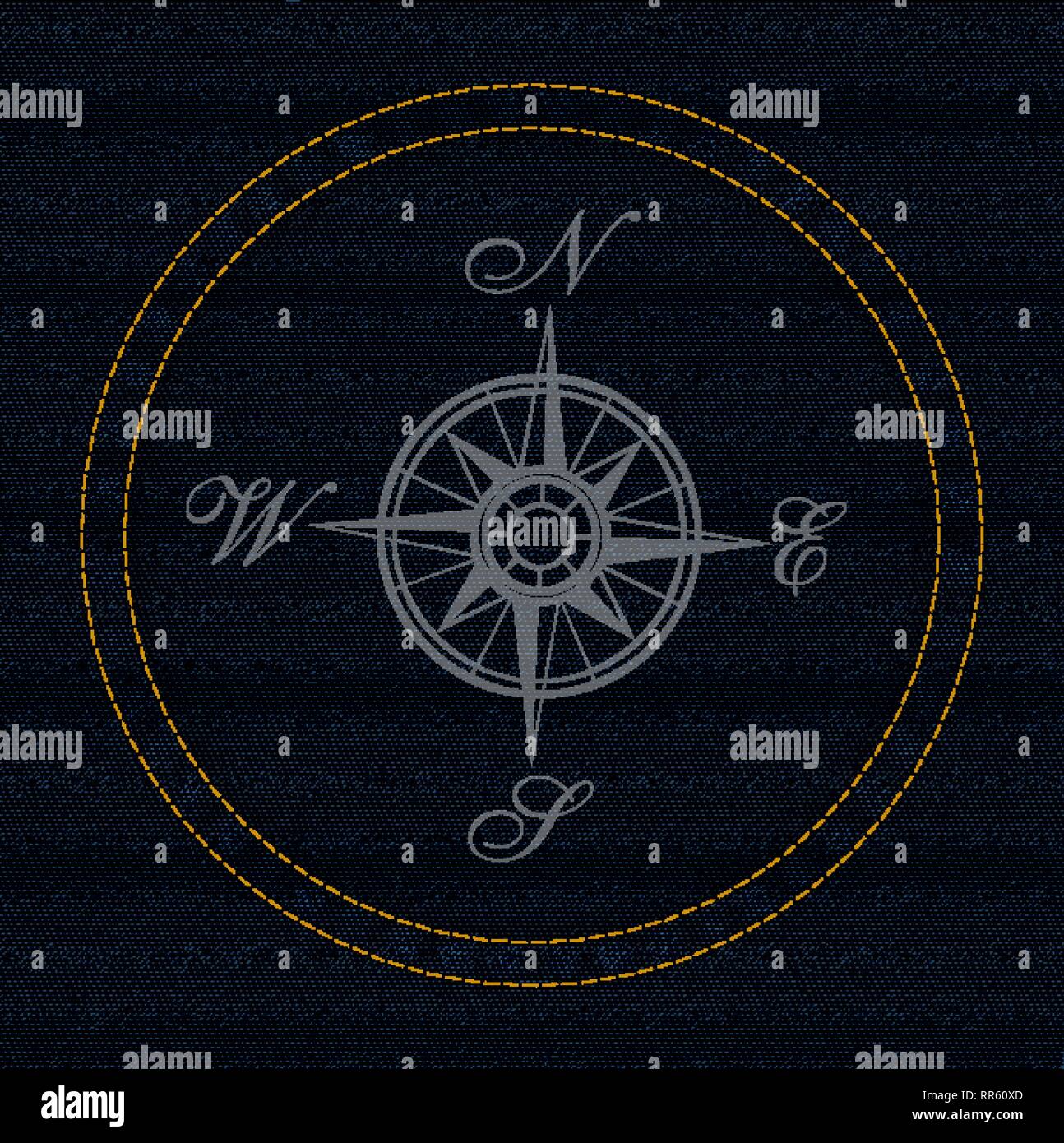 Compass on a jeans texture background Stock Vector