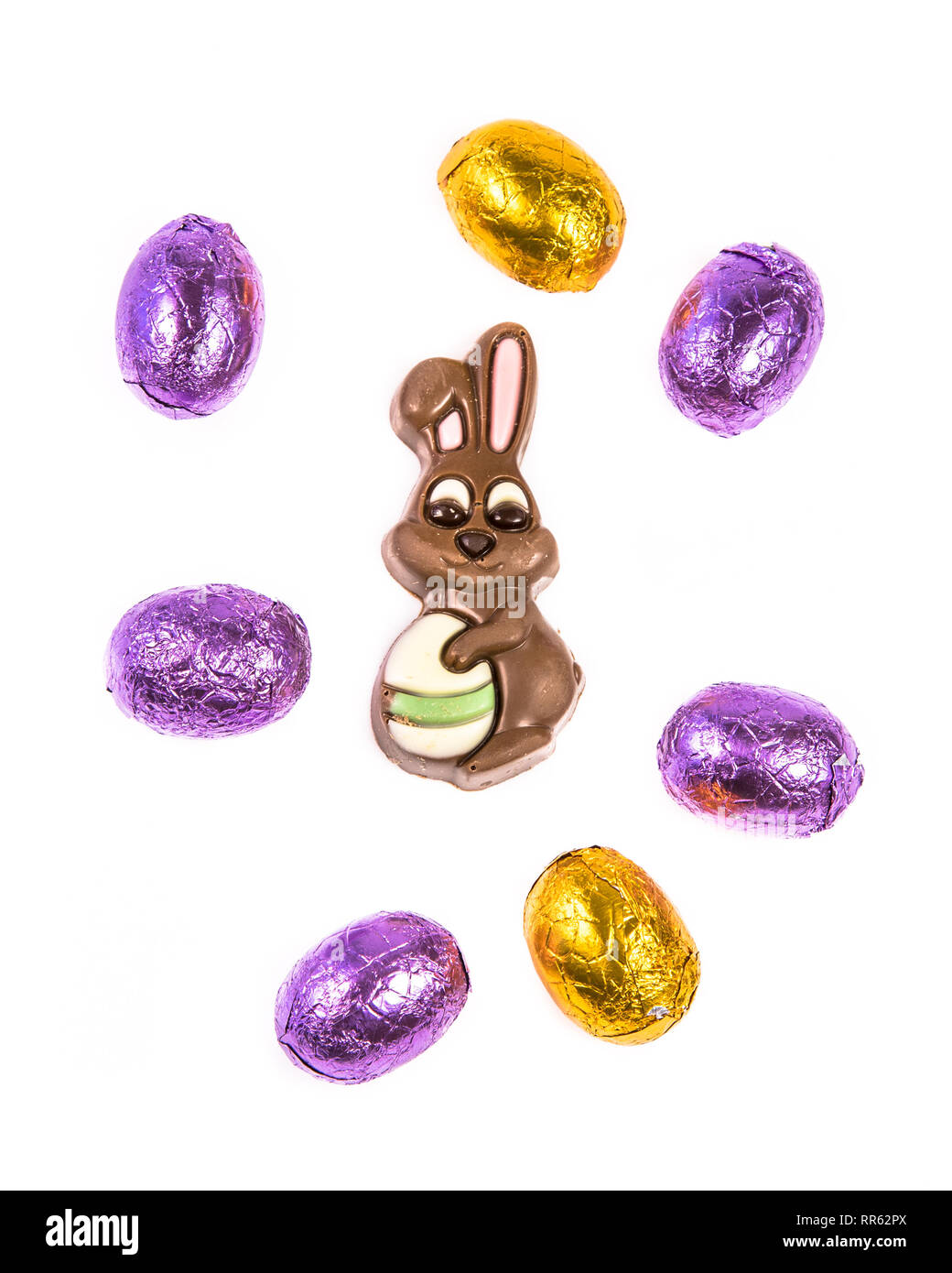 Chocolate eggs and bunny candy for easter celebration Stock Photo
