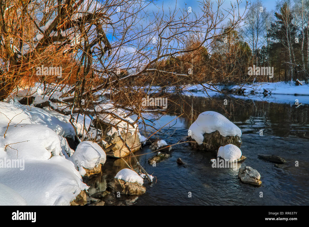 River in winter and tree branches covered with white frost Stock Photo ...