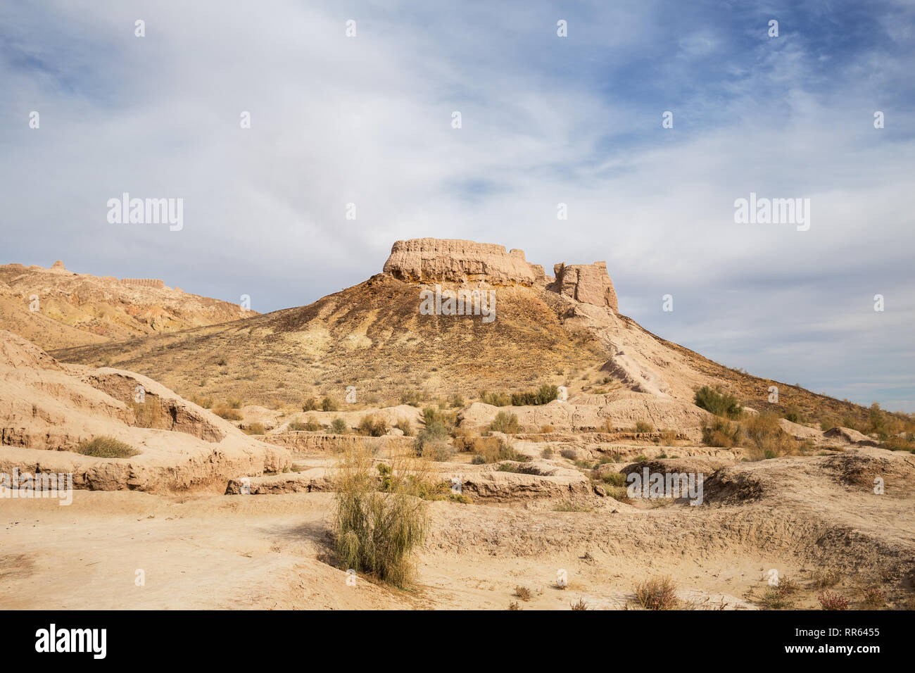 Ruins of ancient Ayaz-Kala Fortress on sunny day, Karakalpakstan, Uzbekistan, Central Asia Stock Photo