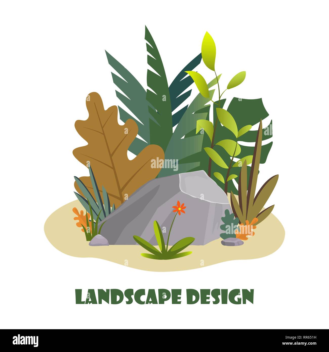 Landscape design composition with plant and stones. Cute floral composition for greeting card, banner, flyer, app, website on ecological, botanic, lan Stock Vector