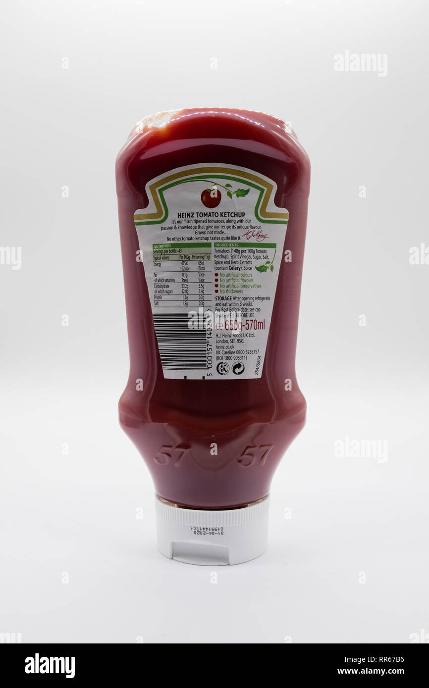 Largs, Scotland, UK February 22, 2019 Heinz tomato ketchup in recyclable plastic bottle on a