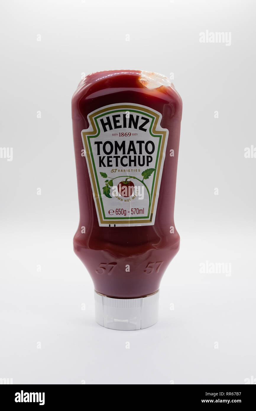 Largs, Scotland, UK February 22, 2019 Heinz tomato ketchup in recyclable plastic bottle on a