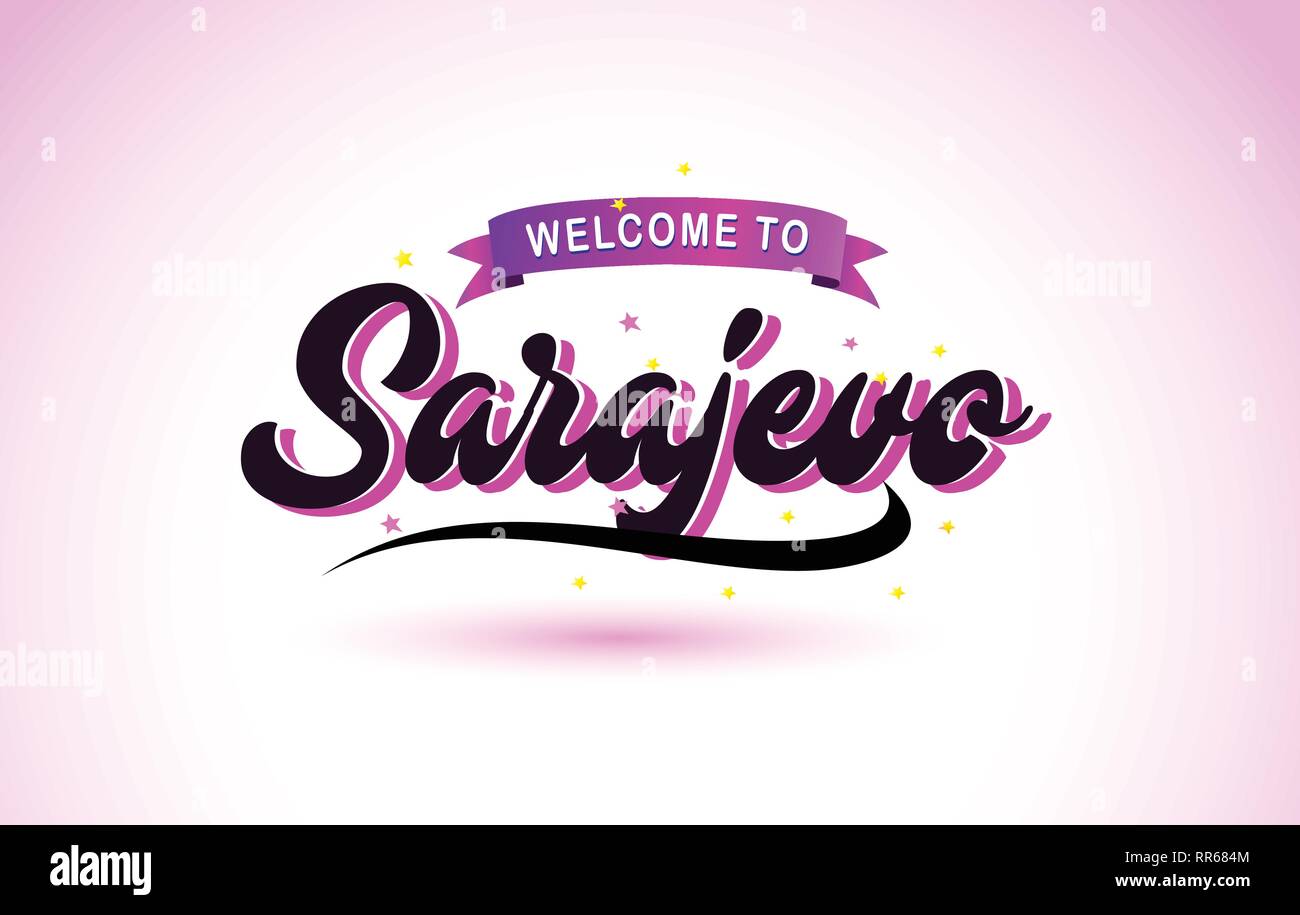 Sarajevo Welcome to Creative Text Handwritten Font with Purple Pink Colors Design Vector Illustration. Stock Vector