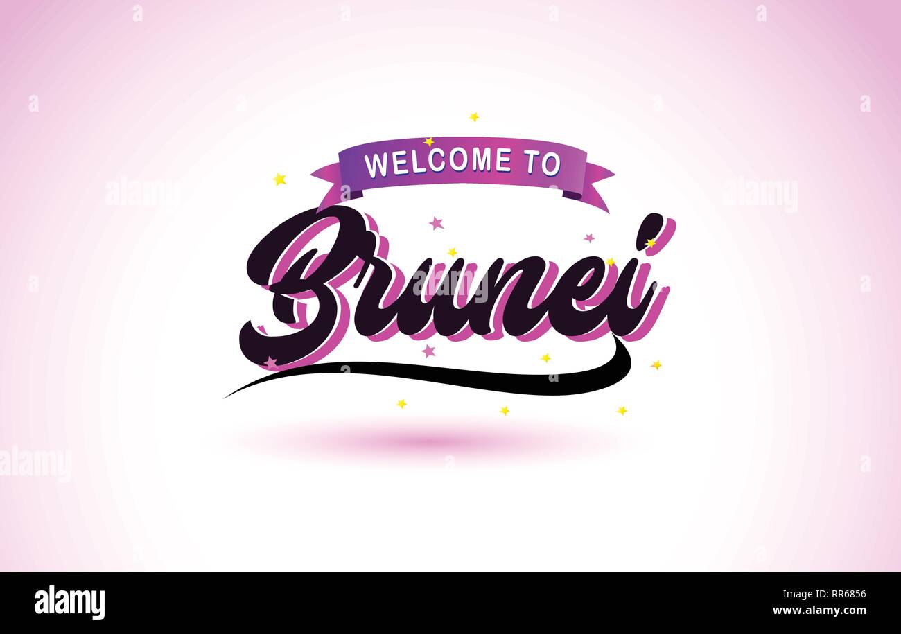 Brunei Welcome To Creative Text Handwritten Font With Purple Pink