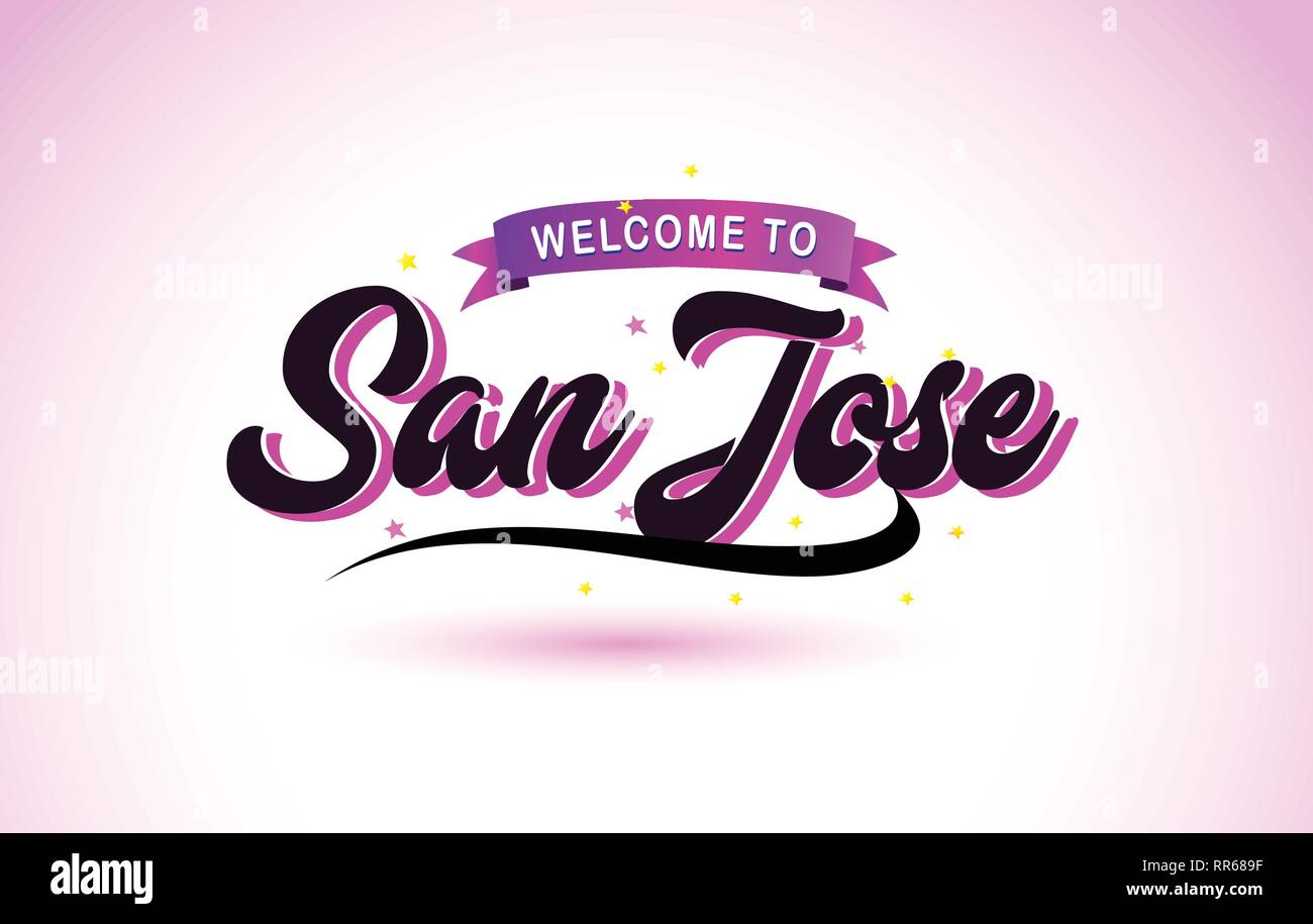 San Jose Welcome to Creative Text Handwritten Font with Purple Pink Colors Design Vector Illustration. Stock Vector