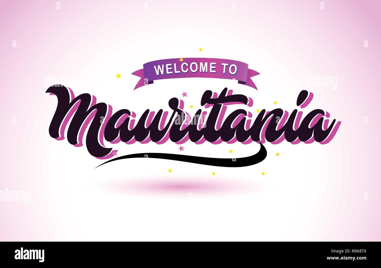 Mauritania Welcome to Creative Text Handwritten Font with Purple Pink Colors Design Vector Illustration. Stock Vector