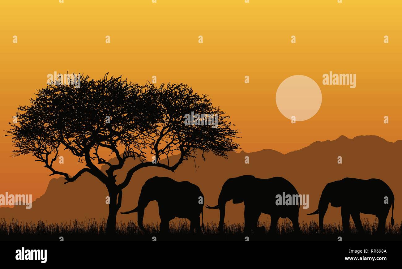 Illustration of silhouettes of mountain landscape of african safari ...