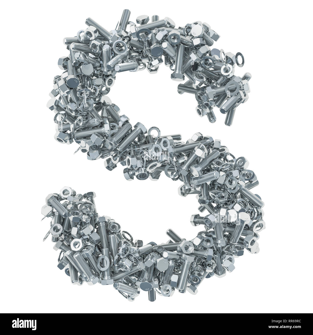 Alphabet letter S from bolts, nuts and washers. 3D rendering isolated on white background Stock Photo