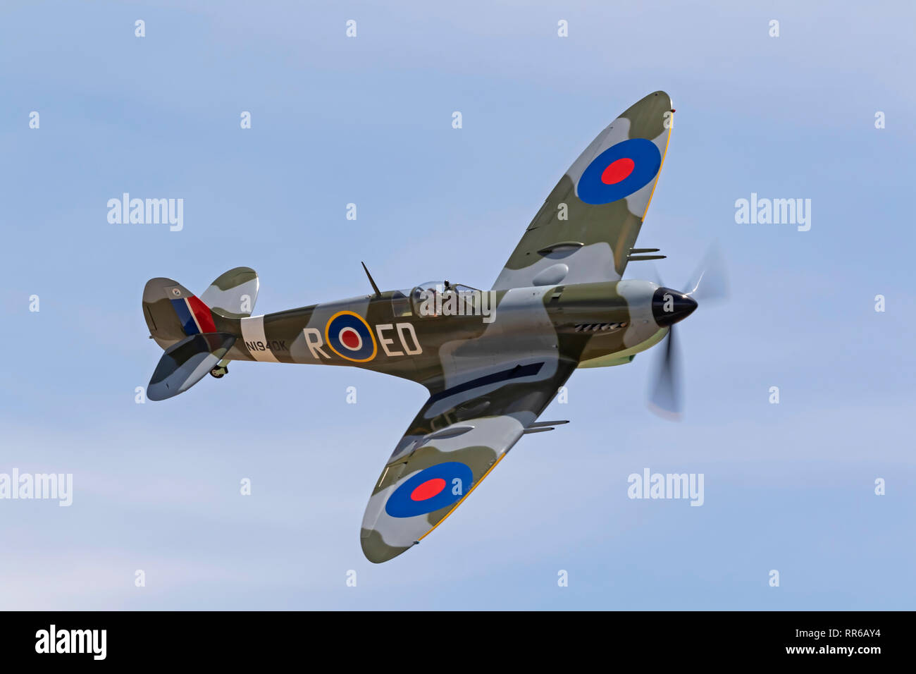 Airplane WWII Spitfire vintage aircraft flying Stock Photo