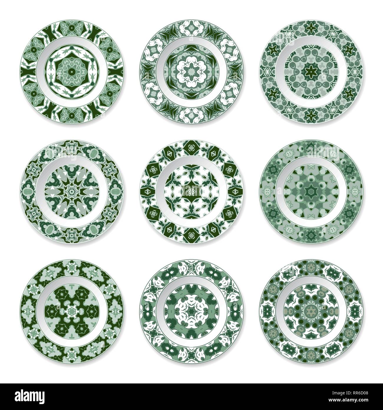 Set of nine decorative plates with a circular green pattern, top view