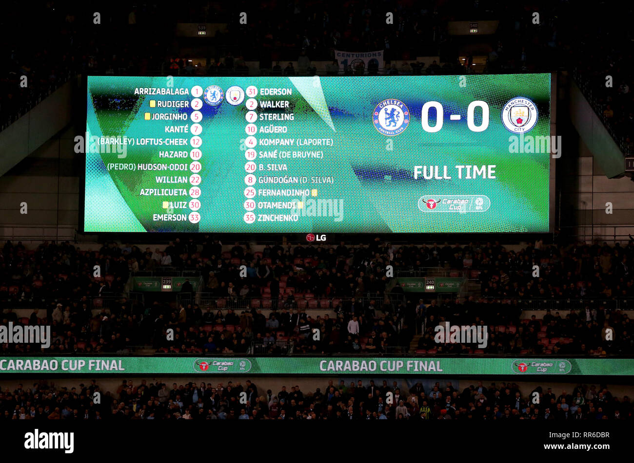 A general view of the scoreboard as the game remains 0-0 at the end of full  time and proceeds into extra time during the Carabao Cup Final at Wembley  Stadium, London Stock
