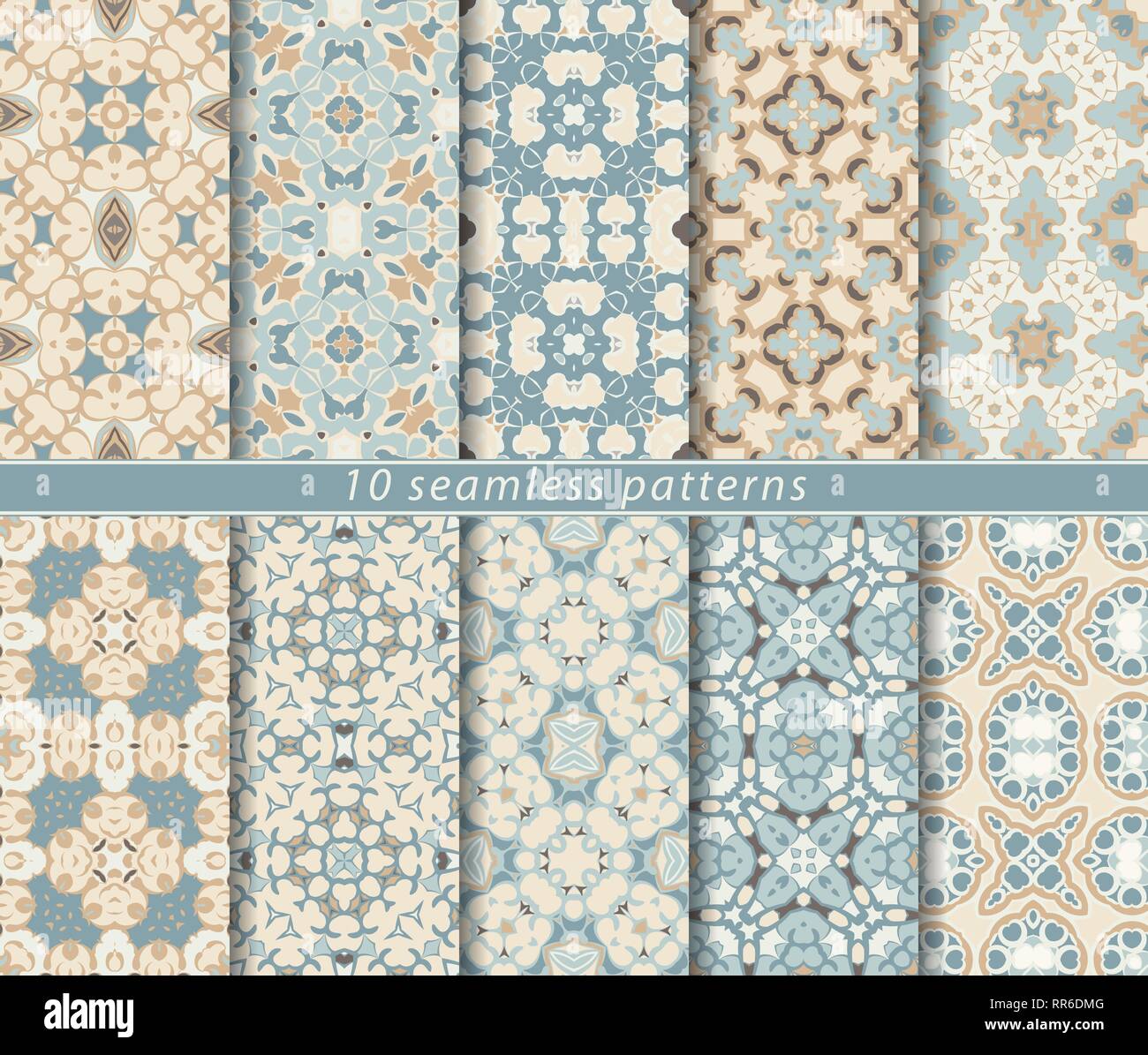 Vector set of ten seamless abstract patterns. Decorative and design elements for textile, book covers, manufacturing, wallpapers, print, gift wrap. Stock Vector