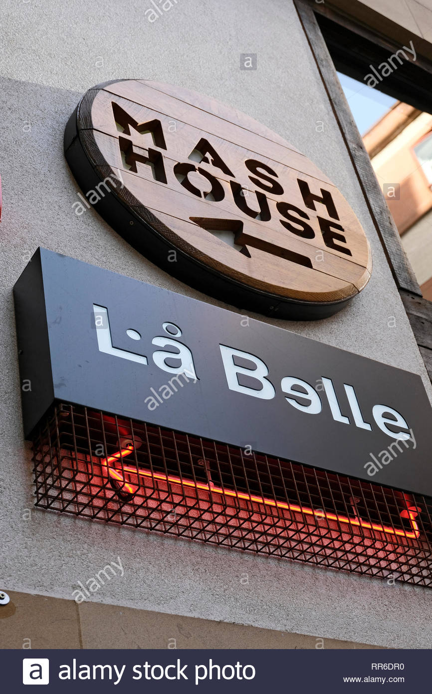 Signs for club Mash House and La Belle Angele, Edinburgh Scotland Stock Photo