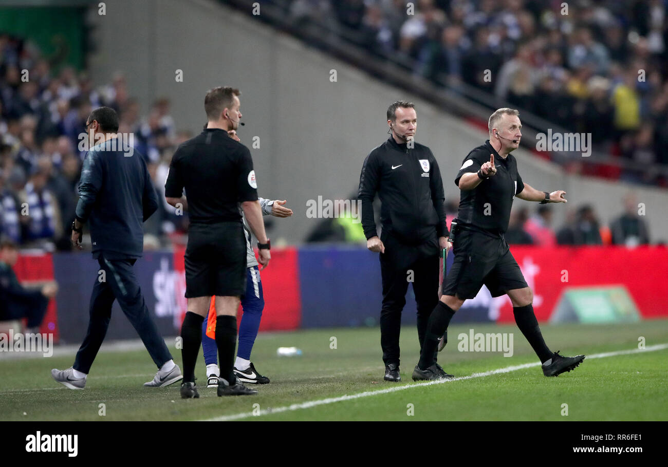 Chelsea manager Maurizio Sarri (left) walks away after speaking with