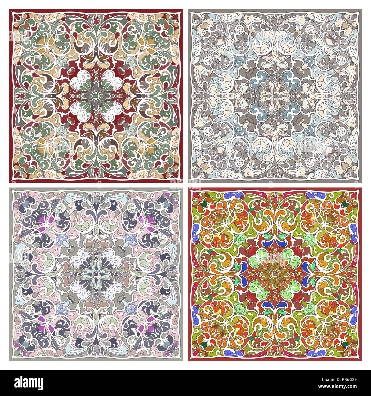 Four square colorful patterns. Oriental ornament for the design of scarves, scarves or textiles. Vector illustration. Stock Vector