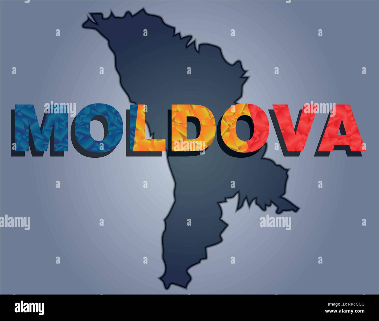 The contours of territory of Moldova in grey colours and word Moldova in colors of the oficial flag, red yellow and blue Stock Vector