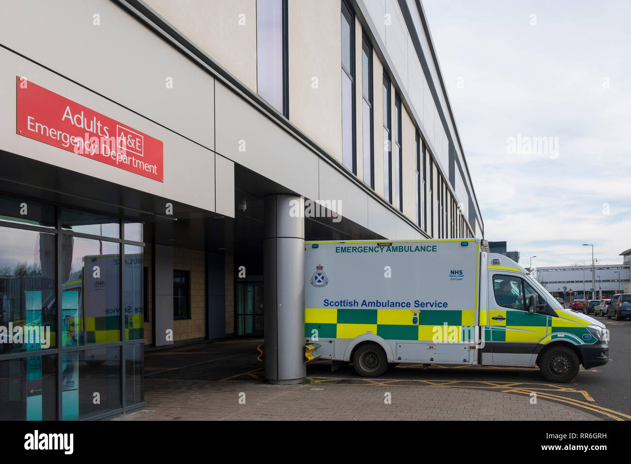 Ambulances parked outside Accident and Emergency department at Queen Elizabeth University Hospital in Glasgow, Scotland, UK Stock Photo