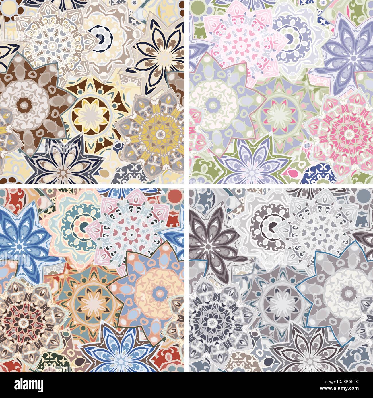 Four colorful seamless patterns with circular ornaments. Vector illustration. Stock Vector