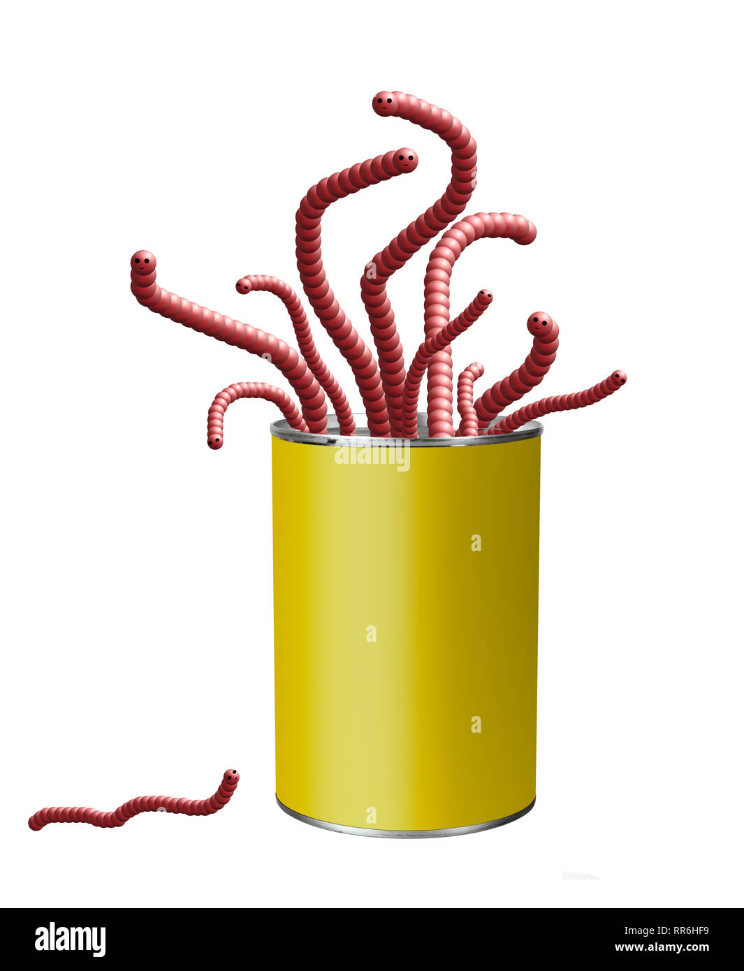 Bright can of worms isolated on white. Concept, metaphor. Bright tin