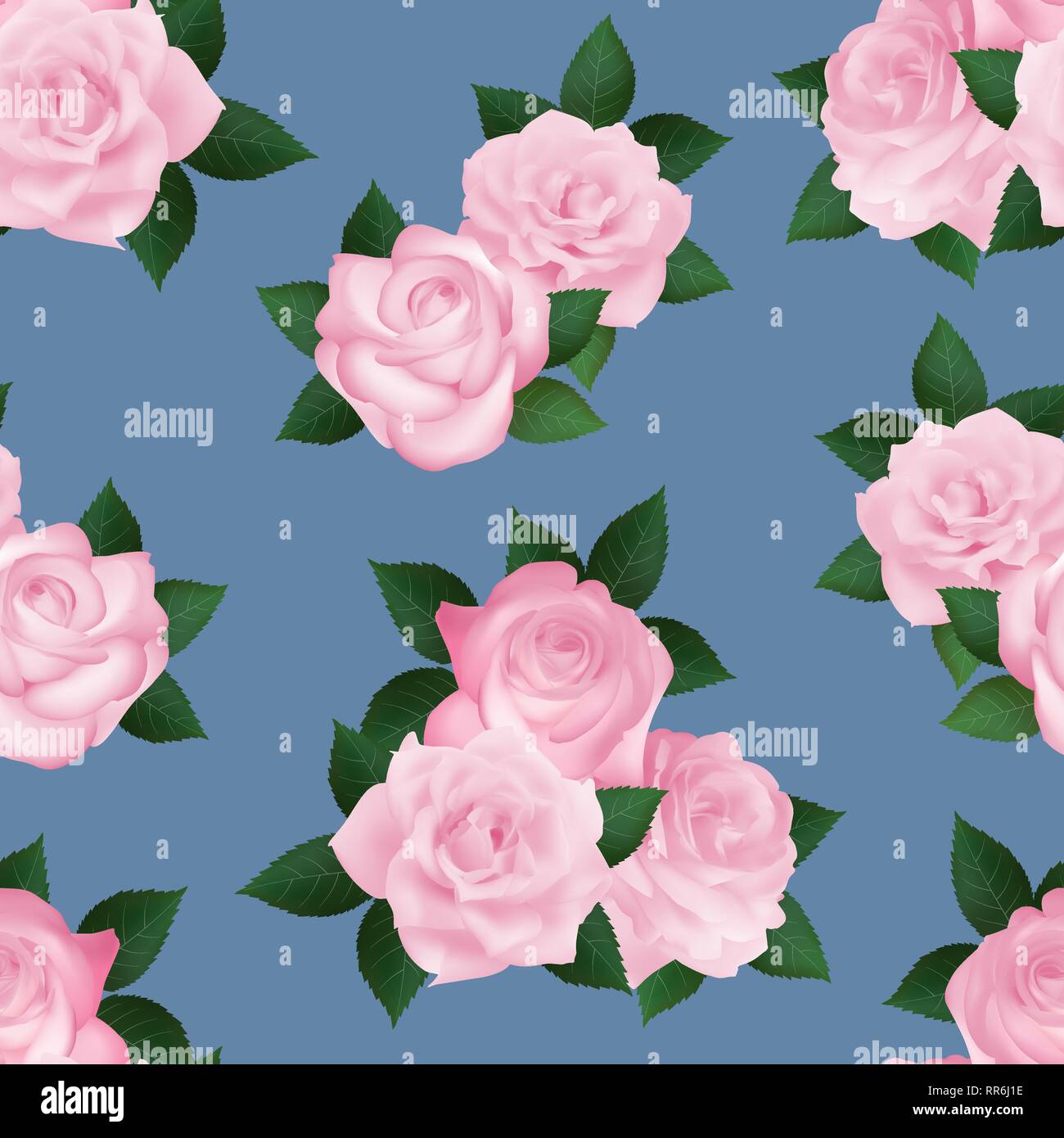 Delicate pink flowers on a blue background. Seamless pattern with roses ...