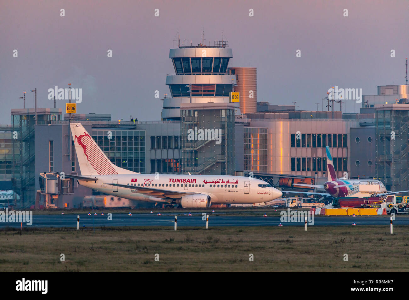 DŸsseldorf International Airport, DUS, Tower, air traffic control, apron control, Tunisair, Boeing 737-600, on the taxiway, Stock Photo