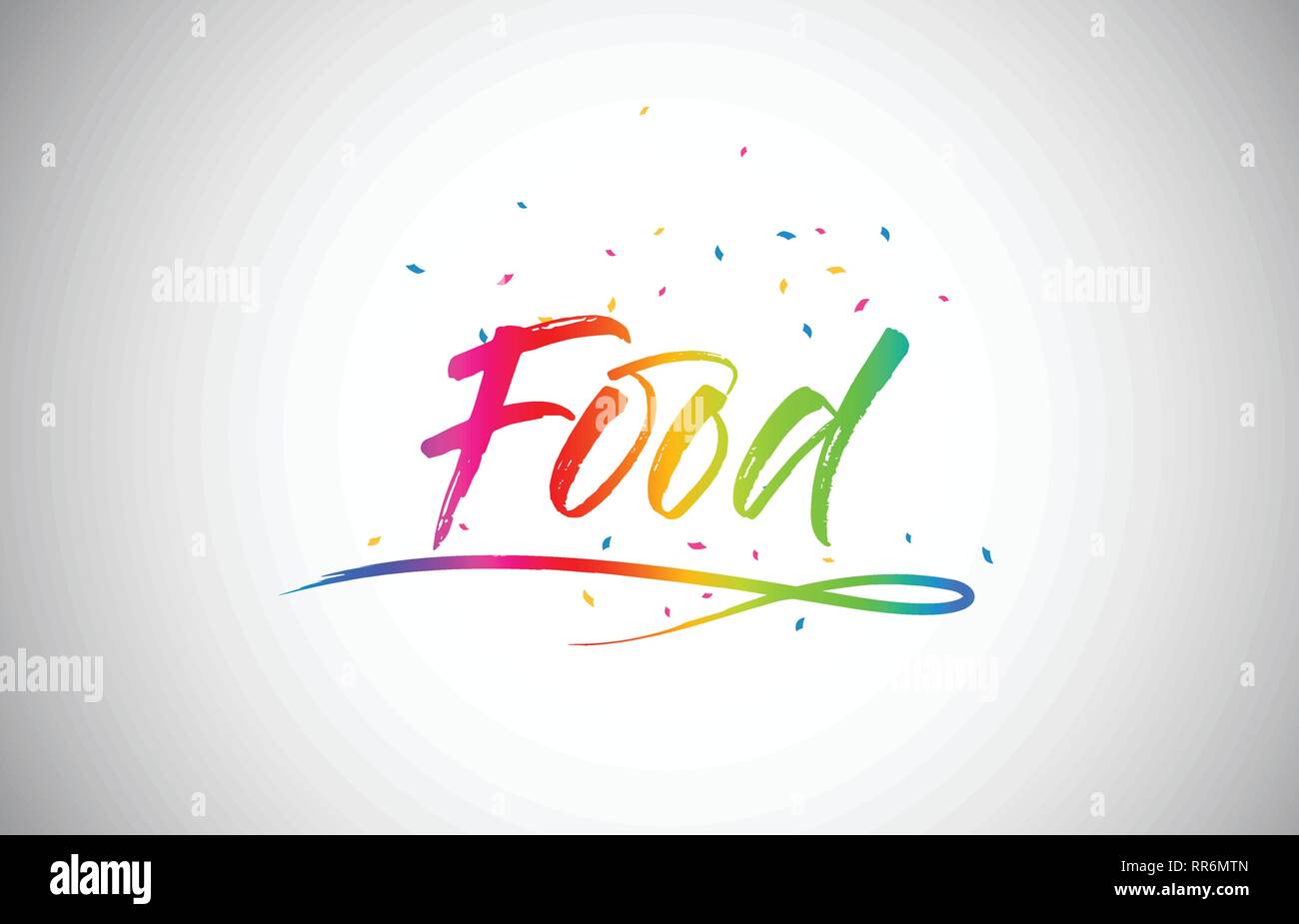 Food Creative Word Text with Handwritten Rainbow Vibrant Colors and Confetti Vector Illustration. Stock Vector