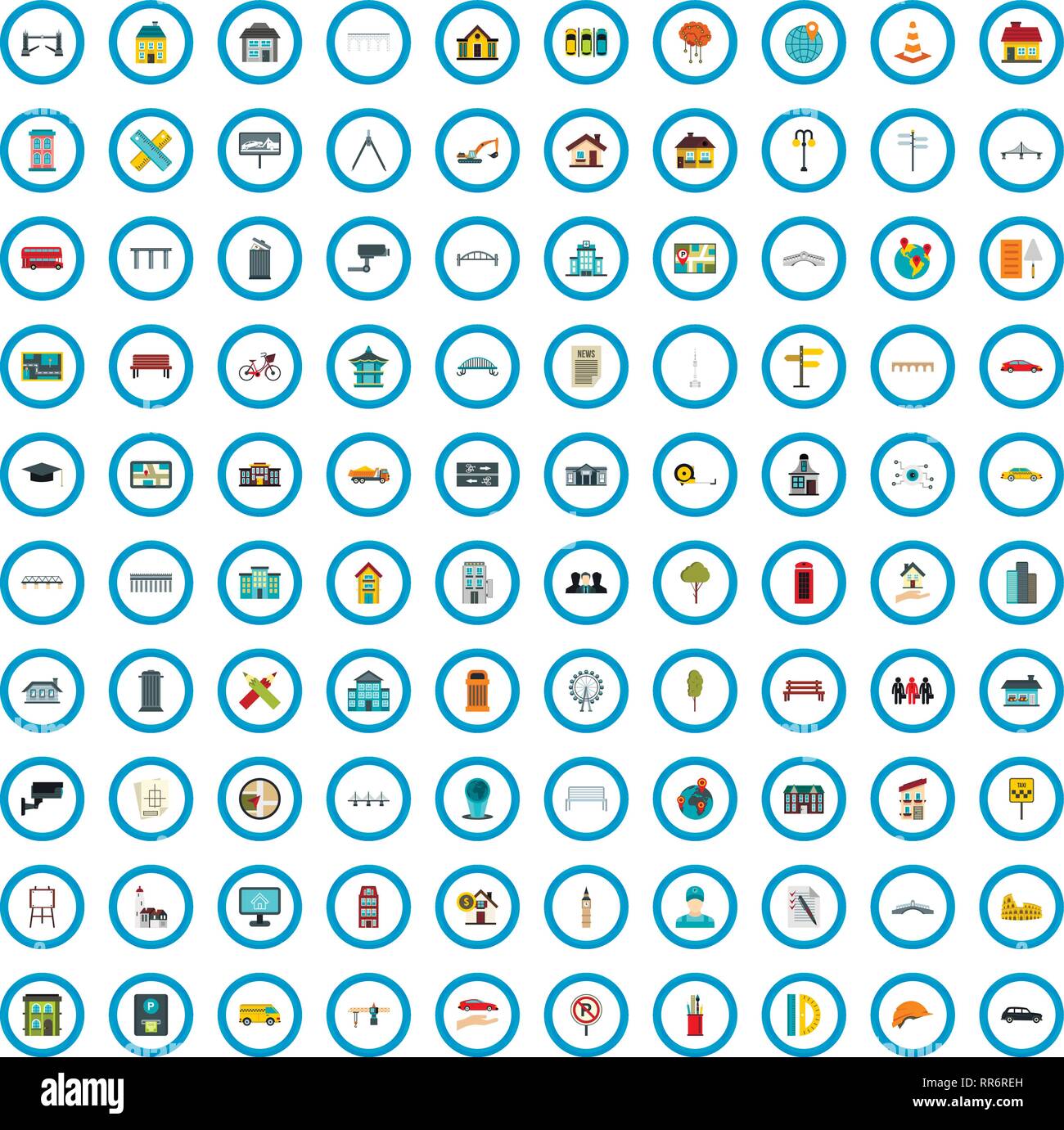 100 city planning icons set, flat style Stock Vector
