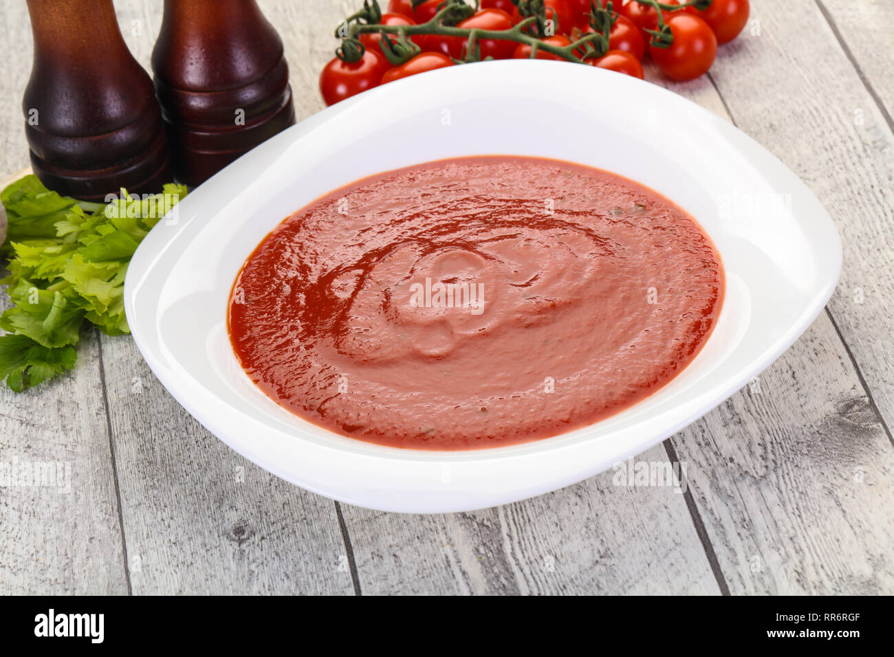 Mediterranean Tomato soup with basil and spices Stock Photo Alamy