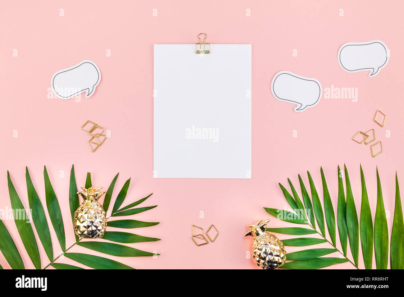 Creative flat lay top view mock up blank paper sheet postcard clip ...