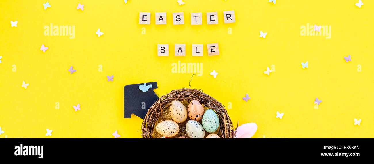 Creative Top view flat lay holiday promo composition Easter sale bunny ...