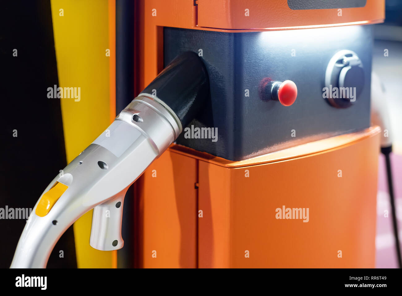 Electric car fast charging station at indoor underground parking. Power