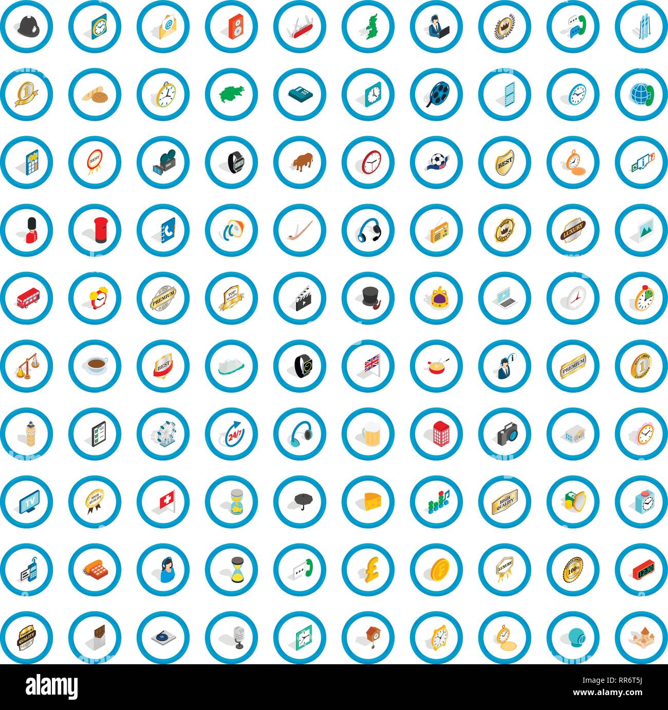 100 clock icons set, isometric 3d style Stock Vector
