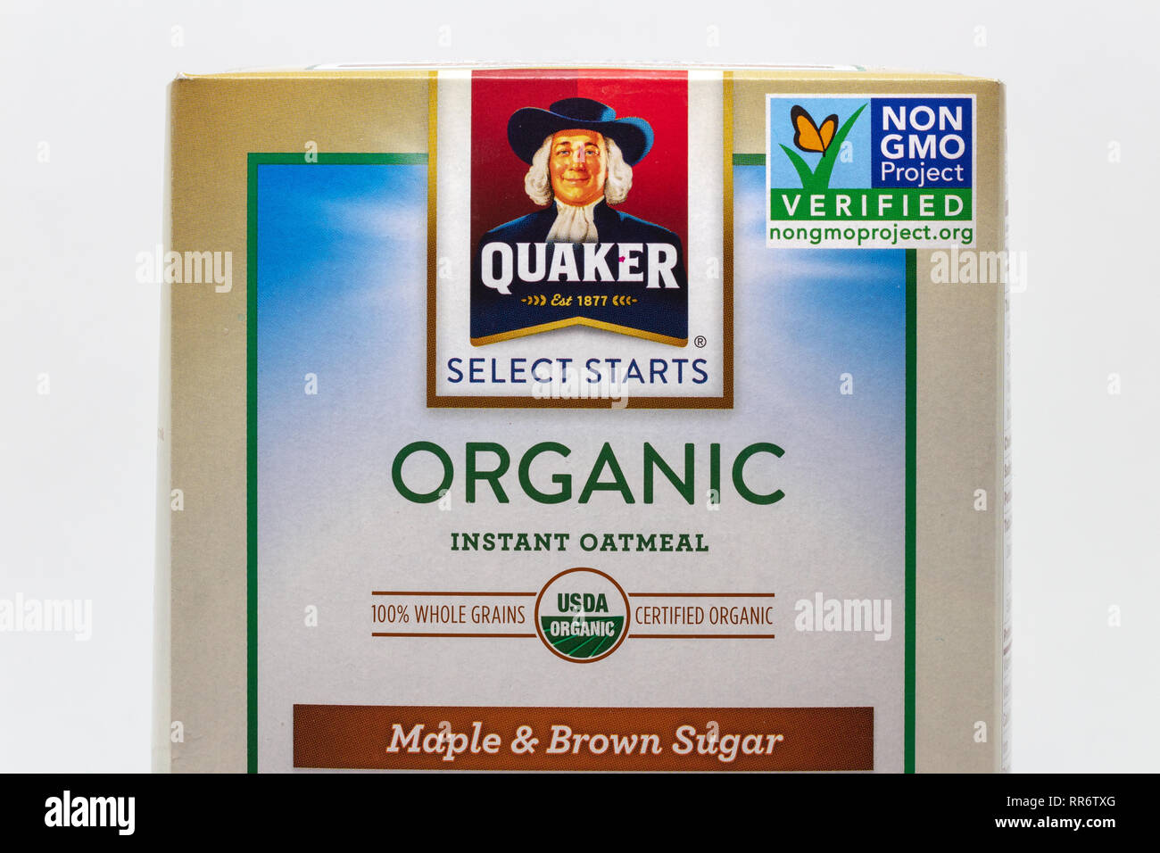 ST. PAUL, MN/USA - FEBRUARY 24, 2019: Quaker Select Starts Organic Oatmeal box with Non GMO Verified label and trademark logo. Stock Photo