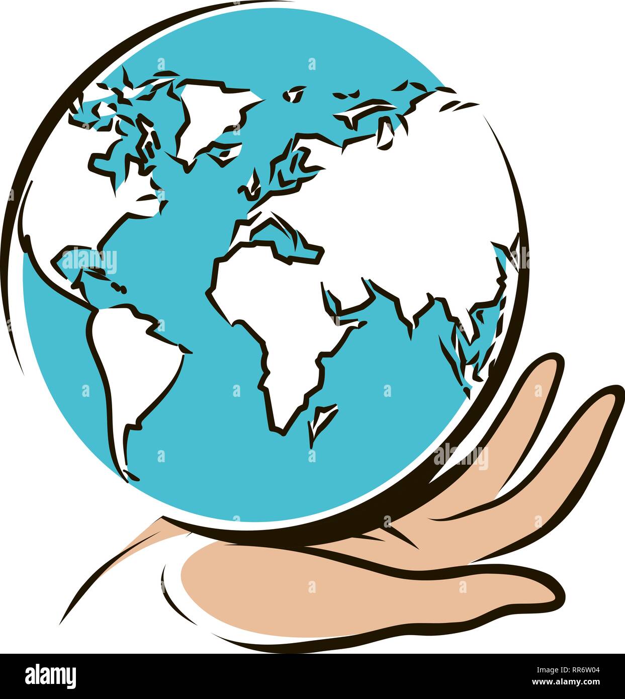 Travel, world logo or label. Hand carefully keeps globe. Vector illustration Stock Vector