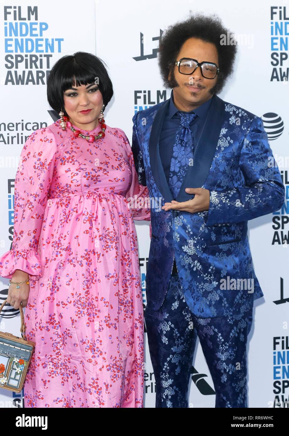 Gabby La La (l) and Boots Riley arrive at the Film Independent Spirit Awards in a tent in Santa