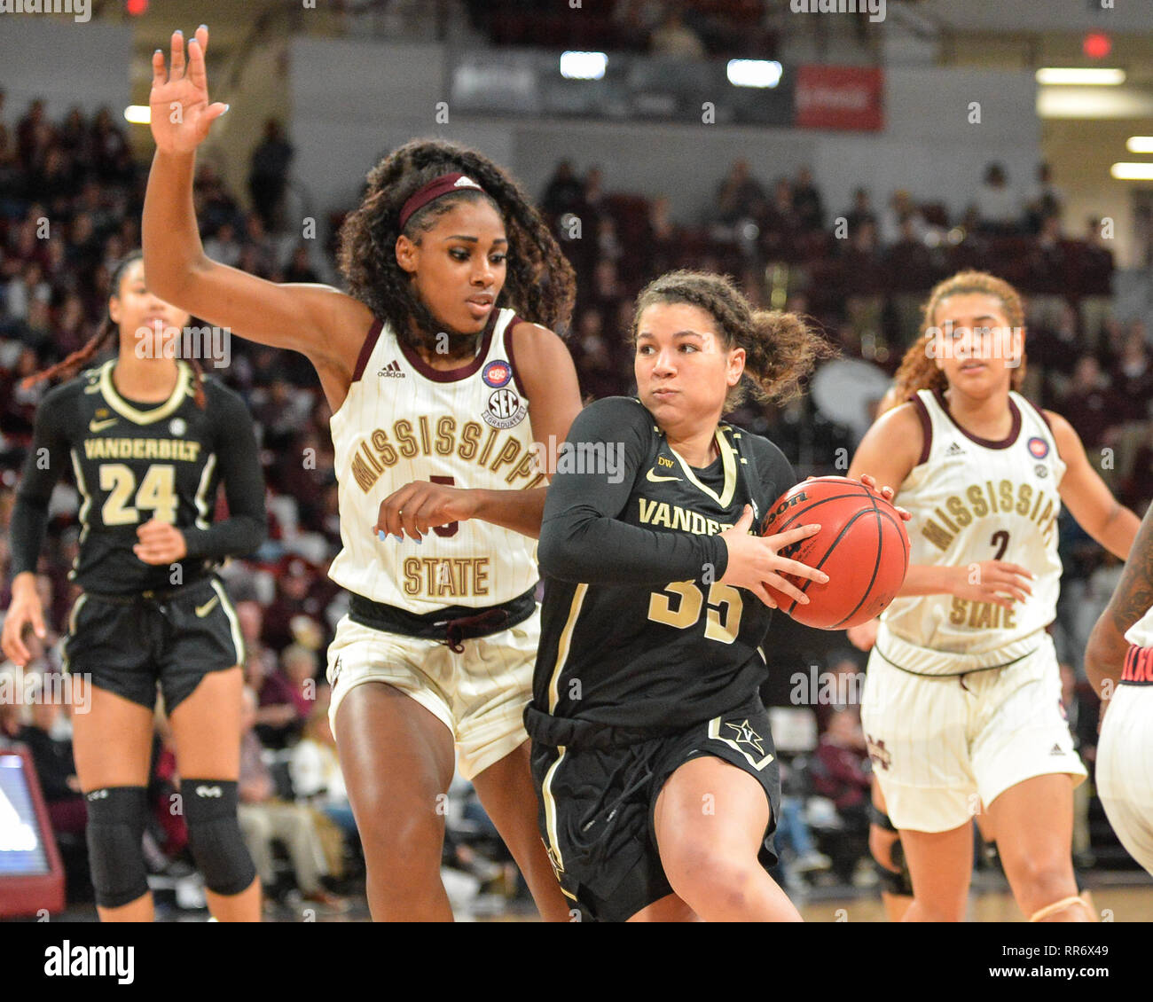 Starkville, MS, USA. 24th Feb, 2019. Vanderbilt guard, Kaleigh  Clemons-Green (35), drives to the hoop against Mississippi State forward,  Anriel Howard (5), during the NCAA women's basketball game between the  Vanderbilt Commodores