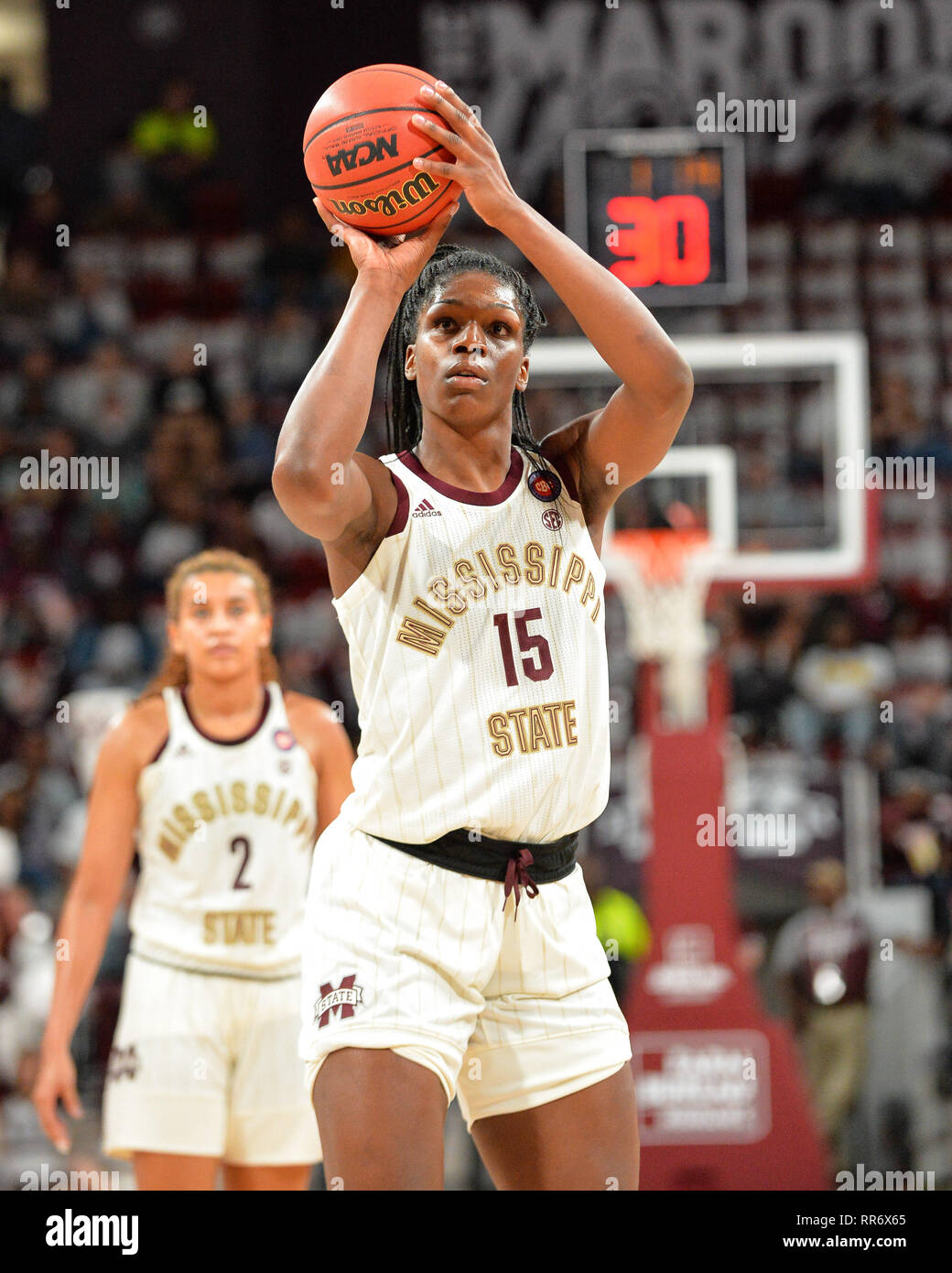 Starkville, MS, USA. 24th Feb, 2019. Mississippi State center, Teaira  McCowan (15), takes a free throw, during the NCAA women's basketball game  between the Vanderbilt Commodores and the Mississippi State Bulldogs at