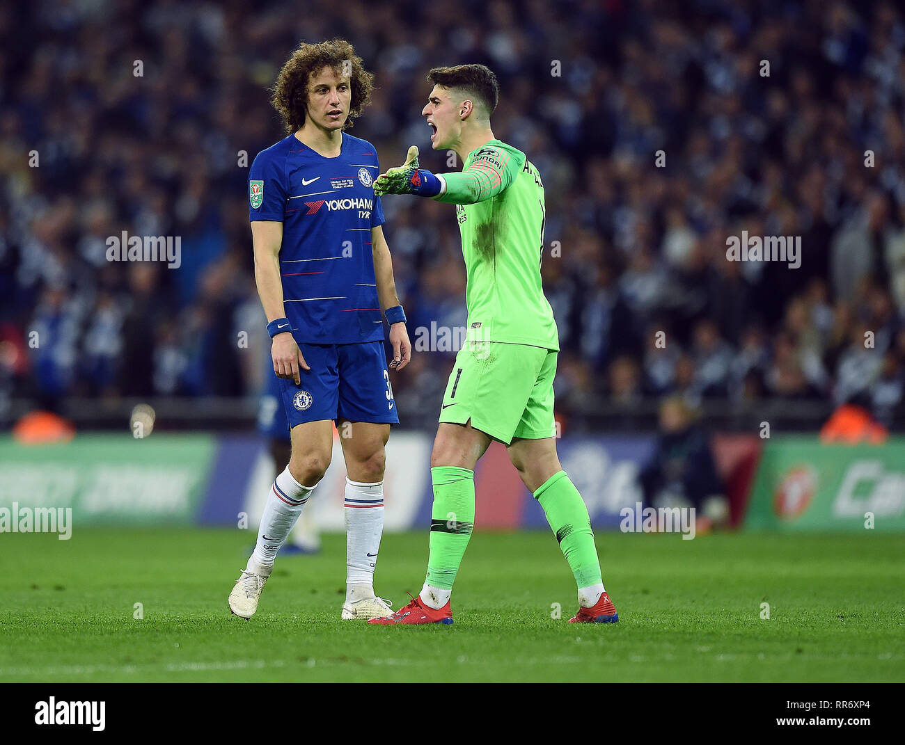 CHELSEA GOALKEEPER KEPA ARRIZABALAGA ARGUES WITH THE BENCH ABOUT BEING
